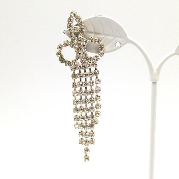 Vintage Rhinestones Dangle Post Earrings, Formal Earrings, Five Tassels, 3 Inch - Picture 2 of 7